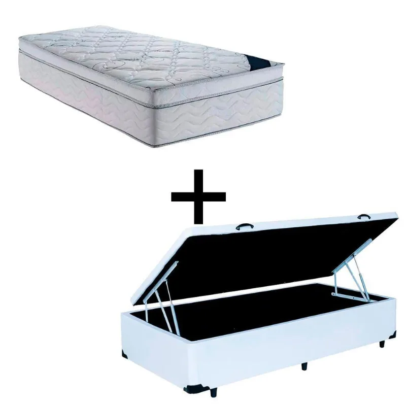 Cama Baú Solteiro 88 Tecido Sintético Branco Com Colchão Toronto Molas Ensacadas Branco D33