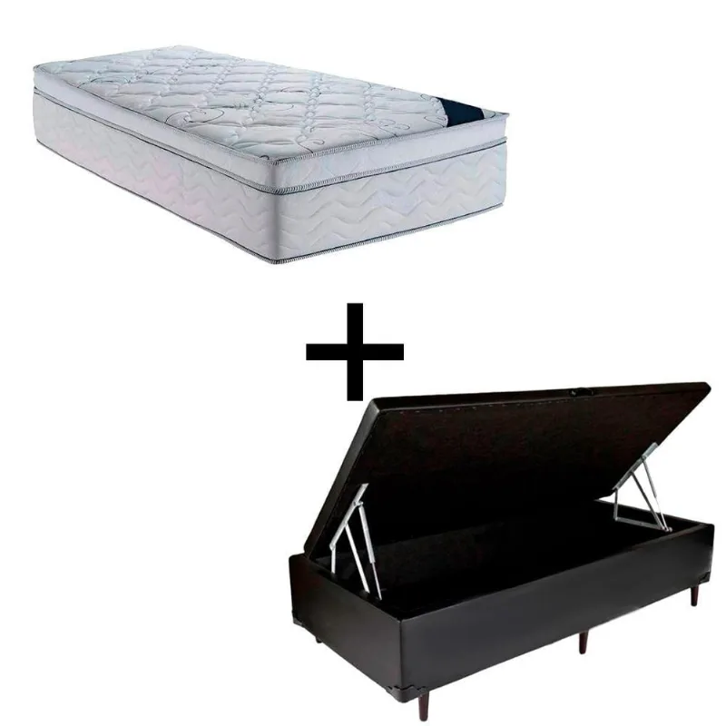 Cama Baú Solteiro 88 Tecido Sintético Preto Com Colchão Toronto Molas Ensacadas Branco D33