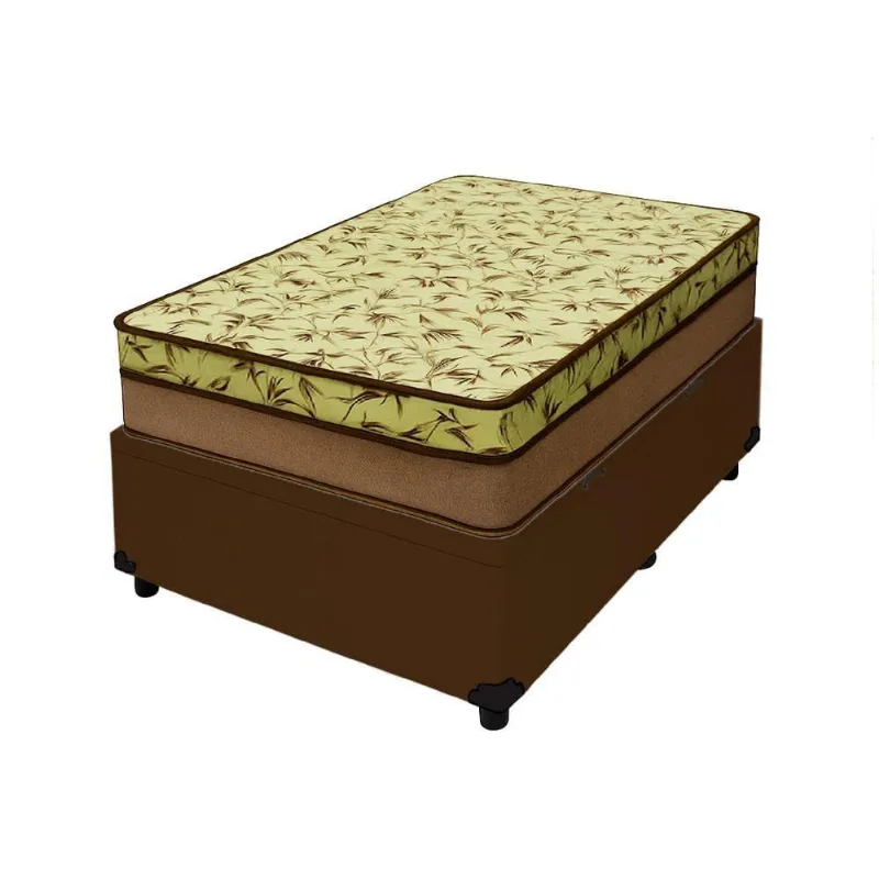 Cama Box Baú Solteiro 88 Tecido Sintético Marrom Com Colchão De Espuma D33 Tokio Bege