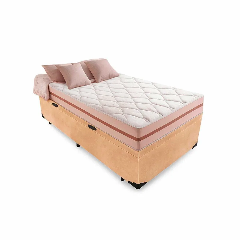 Cama Box Baú Solteiro 88 Suede Bege Com Colchão Pillow Angel Molas Ensacadas 63x88x188