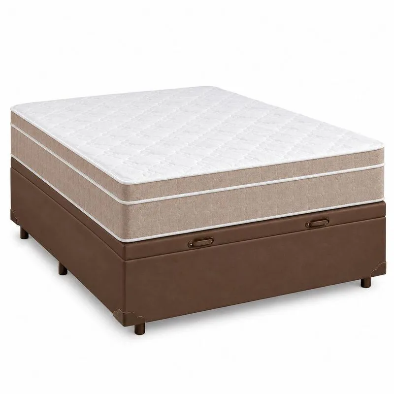 Cama Box Com Baú Casal Milano Molas Ensacadas Marrom Com Colchão Branco Milano