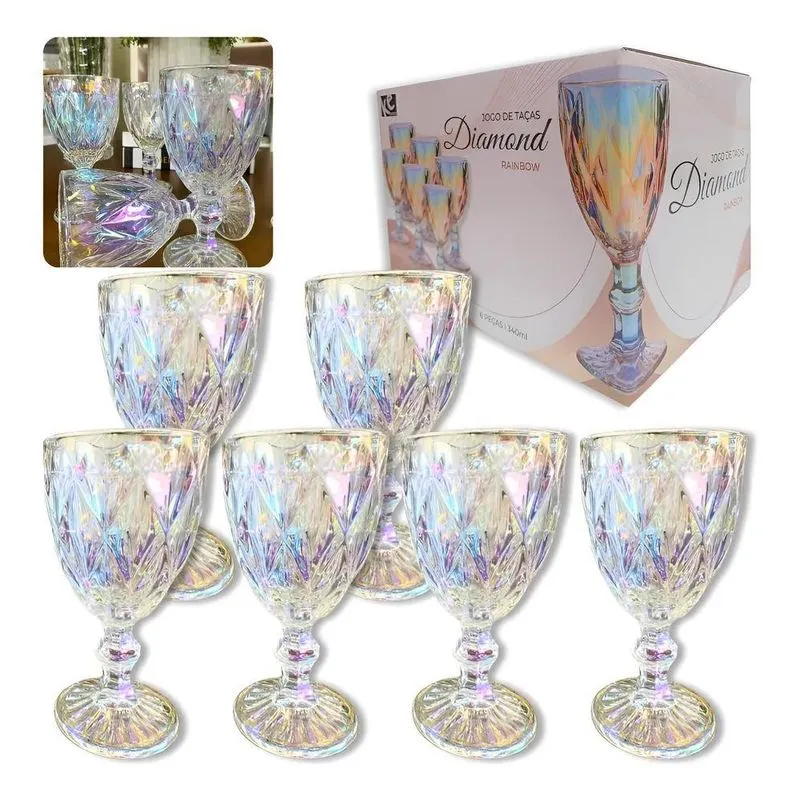 Jogo 6 Taça Vidro Decorado Textura Diamante Grossa 300 Ml Co