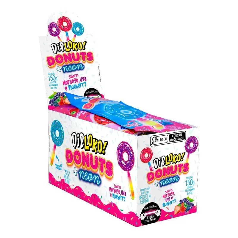 5x Pirulito Dip Loko Neon Donuts Brilha No Escuro Com 15 U