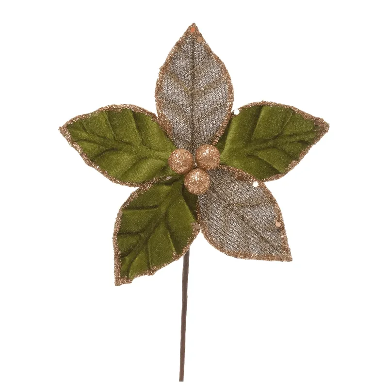 Flor Poinsétia Veludo com Glitter 15x25cm Verde Oliva Cromus