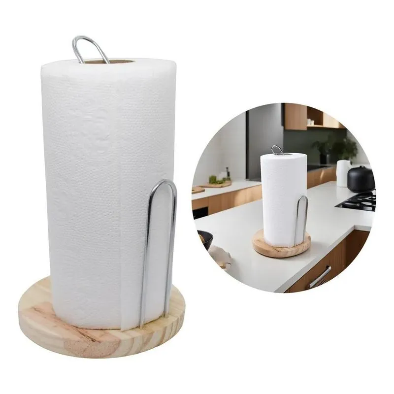 Suporte Papel Toalha De Mesa Com Apoio Em Madeira E Aço Inox
