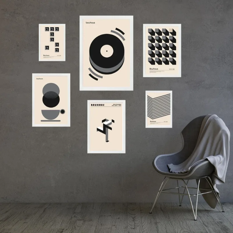 Composição 6 Quadros Modernos Bauhaus Cinza E Bege - Vidro