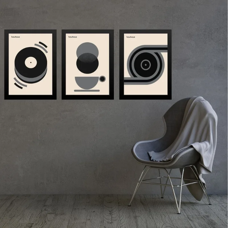 Kit 3 Quadros Artes Bauhaus Cinza E Preto Café Disco 33x24cm