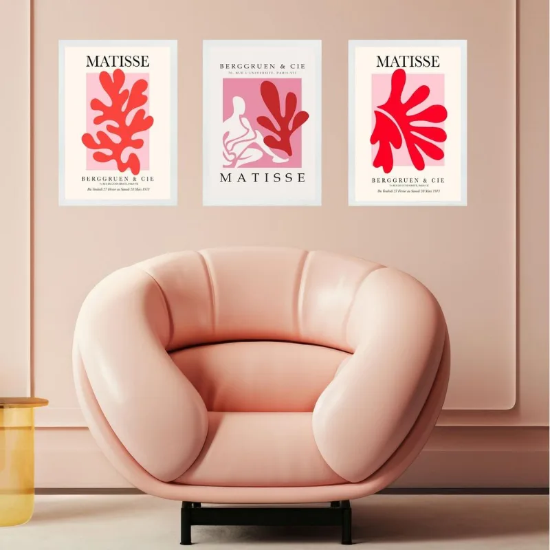 Kit 3 Quadros Rosa E Vermelho Matisse - Coral Mulher 33x24cm