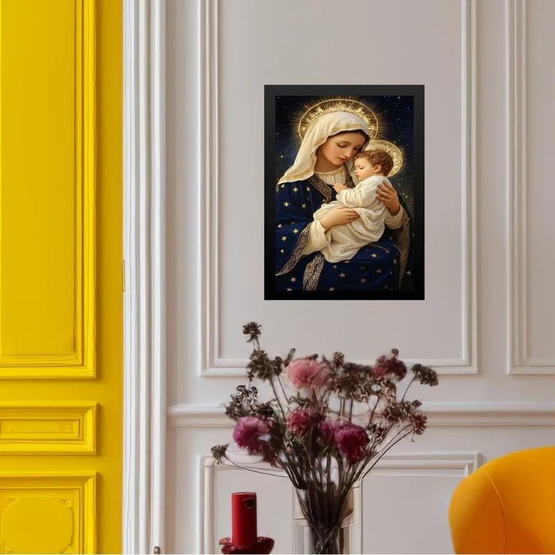 Quadro Maria Menino Jesus - Manto Estrelas 24x18cm - Vidro