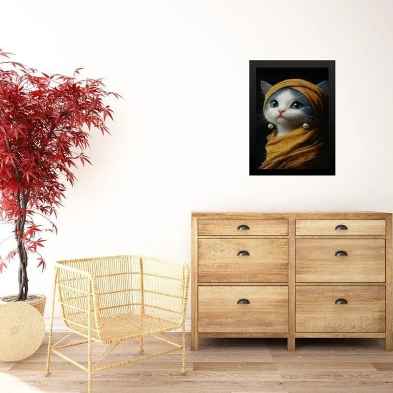 Quadro Decorativo Gatinha Brinco De Pérola 45x34cm - Vidro