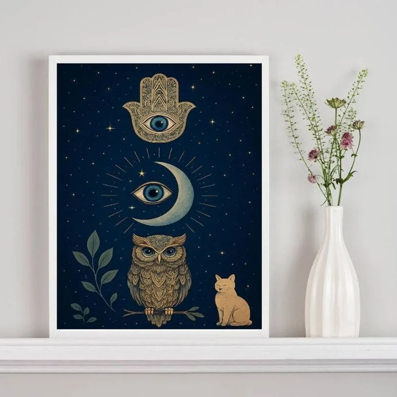 Quadro Mistico Hamsa Lua Coruja Gato 24x18cm - Com Vidro