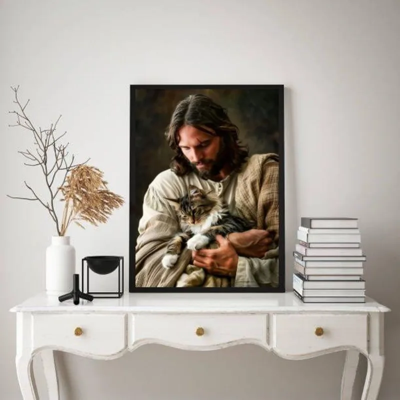 Quadro Decorativo Jesus Com Gato No Colo 45x34cm