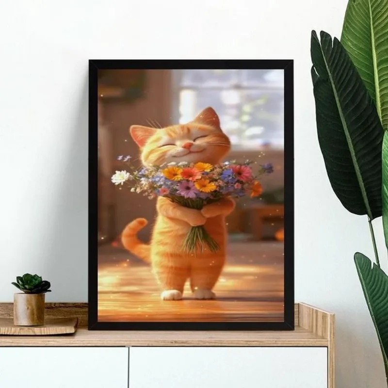 Quadro Gatinho Baby Com Buquê De Flores 33x24cm - Com Vidro