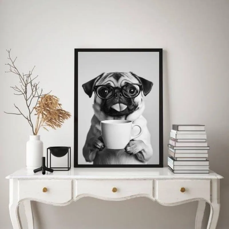 Quadro Decorativo Cachorrinho Pug Bebendo Café 24x18cm