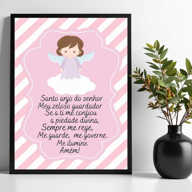 Quadro Decorativo Infantil Santo Anjo -listras Rosas 45x34cm