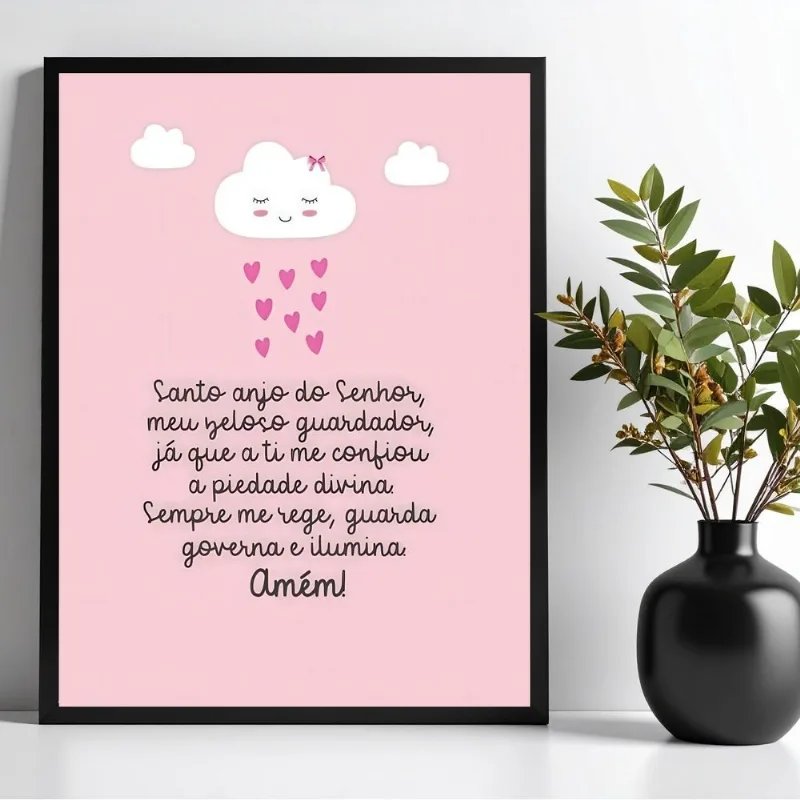Quadro Infantil Santo Anjo - Nuvenzinha Rosa 33x24cm