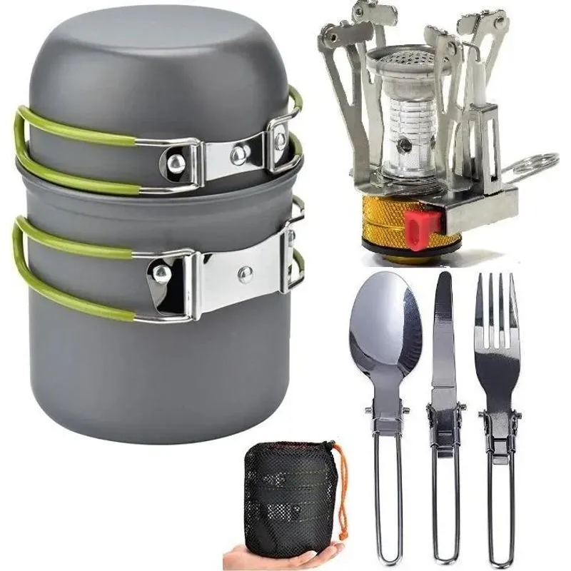 5x Mini Fogareiro + Conjunto Panela Camping 2 Peças+ Talhere
