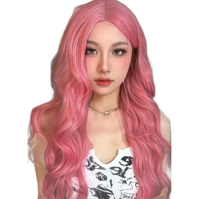 5x Peruca Rosa Longa Ondulada Cosplay Pin Up Geek Festas