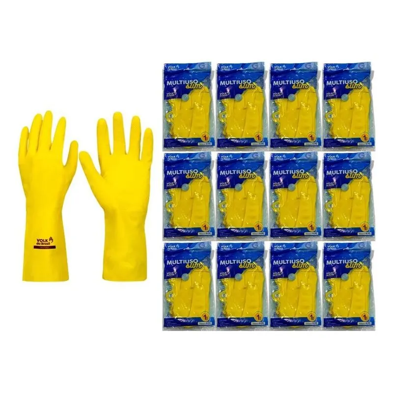 2x Kit 12 Prs Luva Látex Amarela Forrada Multiuso Limpeza Lo