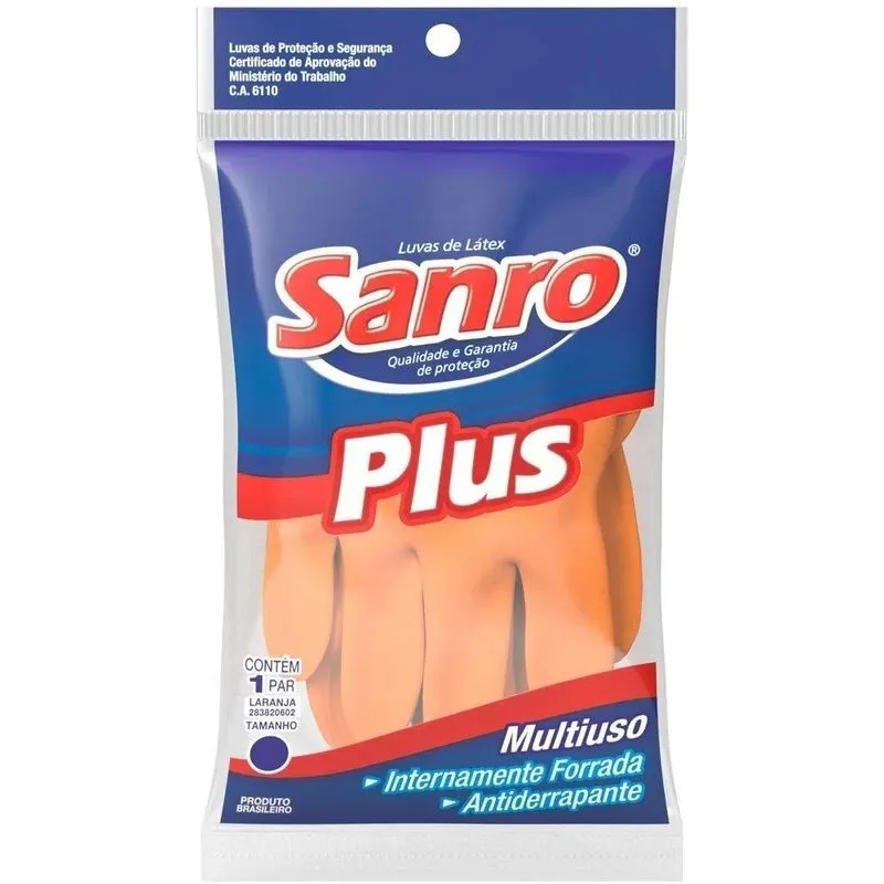 5x Luva Latex Forrada Sanro Plus Laranja Multiuso ,tamanho (