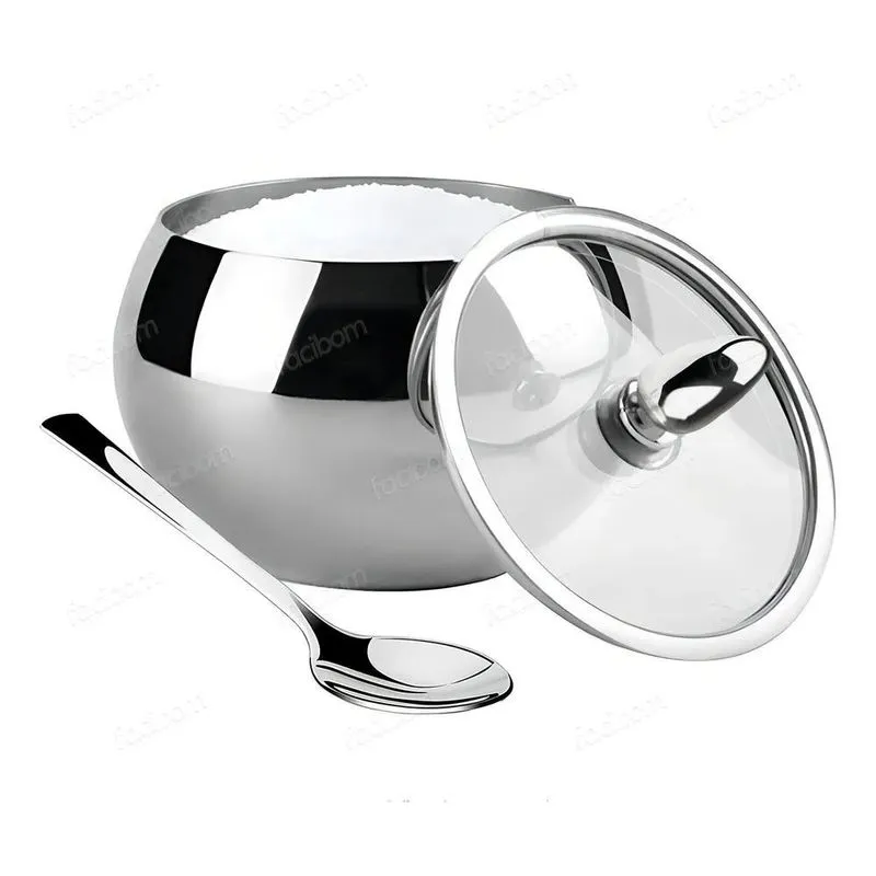 Açucareiro Em Aço Inox Com Tampa De Vidro E Colher Qualidade