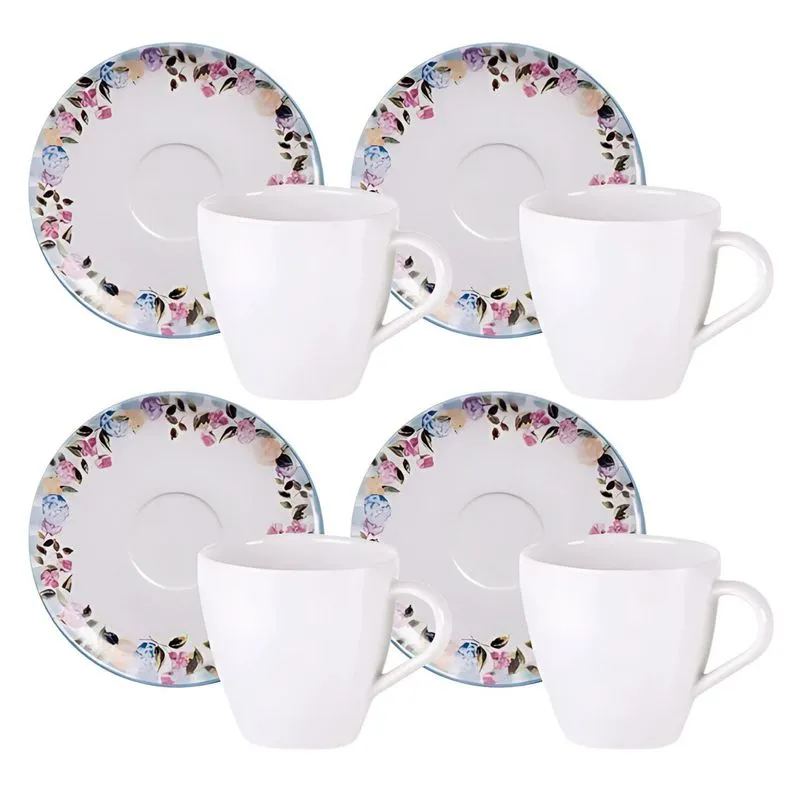 Jogo Xícaras Chá Café Com Pires 4 Pçs 200ml Aura Porcelana