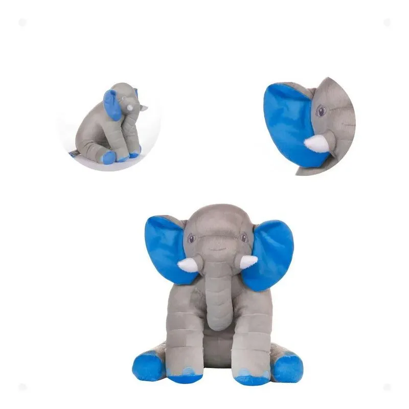 Almofada Elefante Pelúcia 60cm Travesseiro Bebê Cinza Com Az