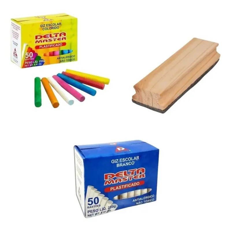 2x Kit 2 Caixas De Giz De Lousa Branco E Colorido + Apagador