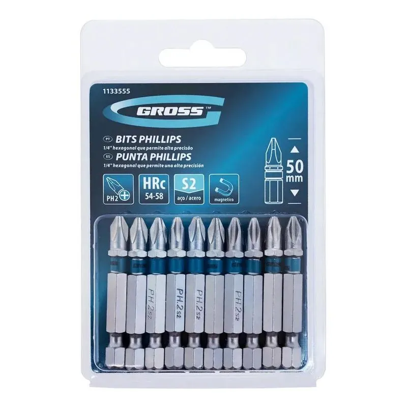 10x Bits Ph2 1/4 50mm Aço S2 10 Peças Gross 1133555
