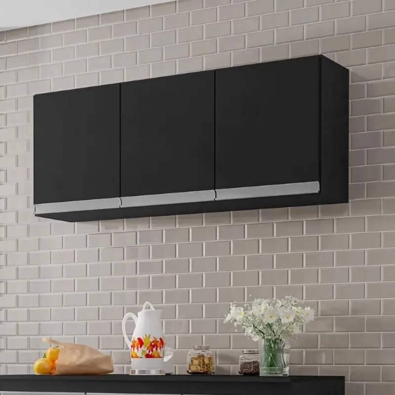 Armário Aéreo California 120CM 3 Portas MDP Bater Preto Fosco Casah