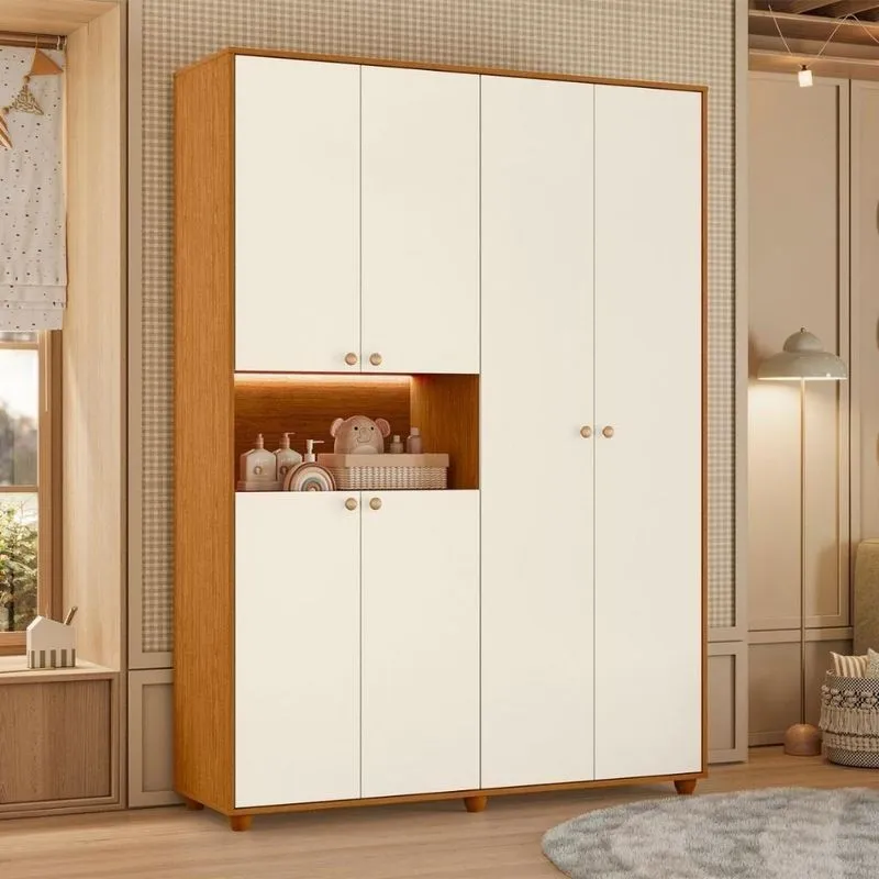 Armário De Quarto 6 Portas Multiuso Com Prateleira Cinamomo Mel Off White