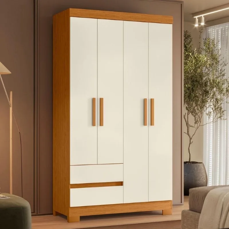 Guarda Roupa Casal 4 Portas 2 Gavetas MDP Marrom com Prateleiras e Cabideiro Casa H
