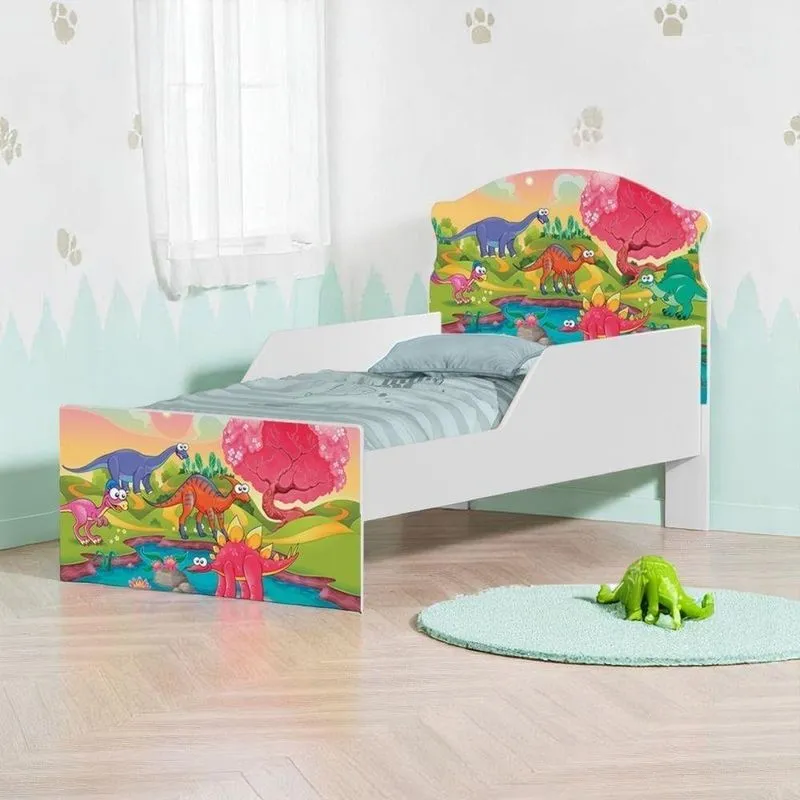 Cama Infantil Planeta Dinossauro com Colchão Mini Cama MDF Branco Cambel Móveis