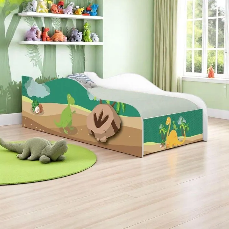 Mini Cama Dinossauros Com Colchão MDF Branco Solteiro Casah