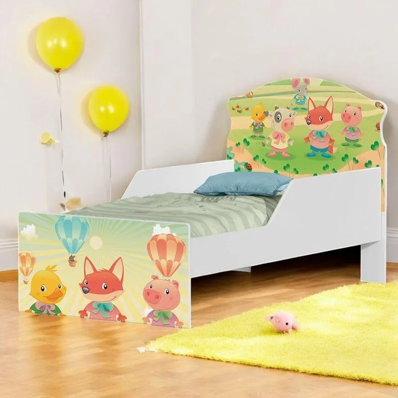Cama Infantil Simples Fazendinha e Balões com Colchão MDF Branco Cambel Móveis