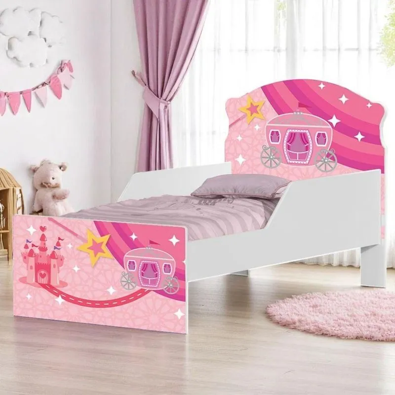 Cama Infantil Carruagem e Castelo com Colchão Mini Cama MDF Branco Cambel Móveis