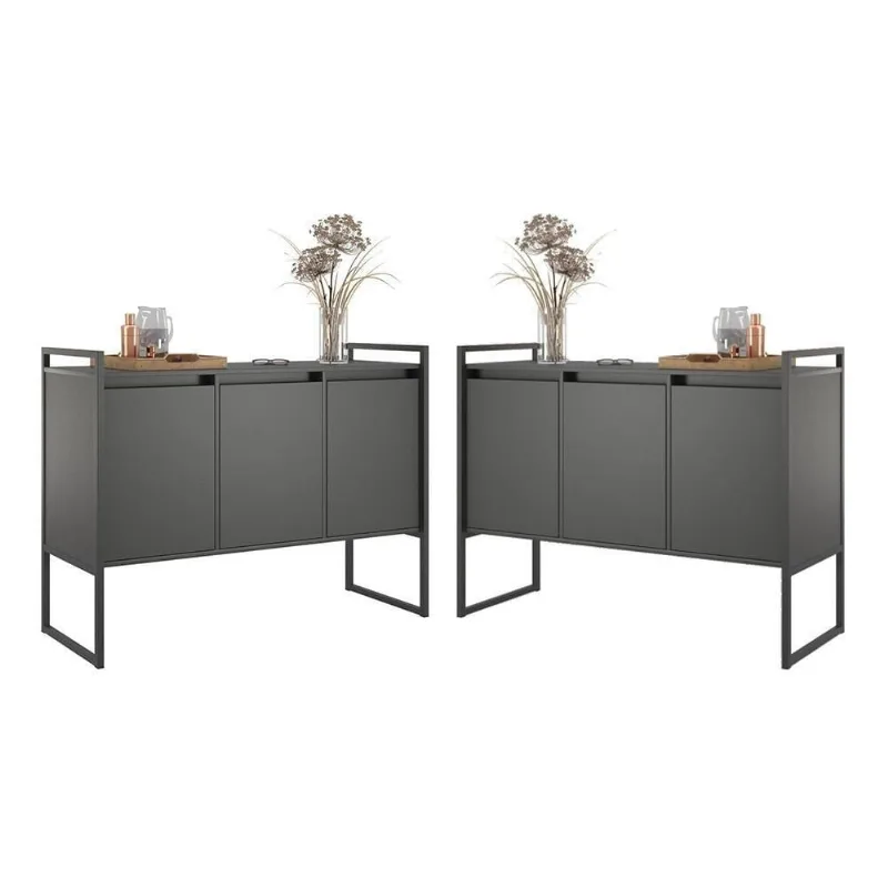 Buffet Mônaco Industrial 3 Portas MDF 120CM Preto Plata Móveis