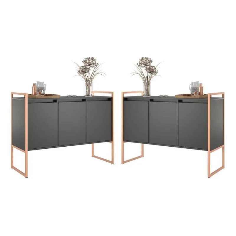 Buffet Siena Industrial 3 Portas 2 Unidades MDP Preto Cobre Plata Móveis