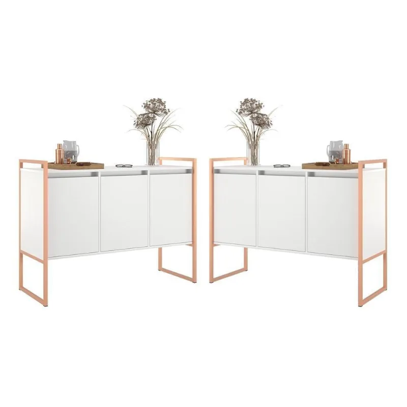 Buffet Ponto Nobre Industrial 3 Portas 2 Unidades MDF 120CM Branco Cobre