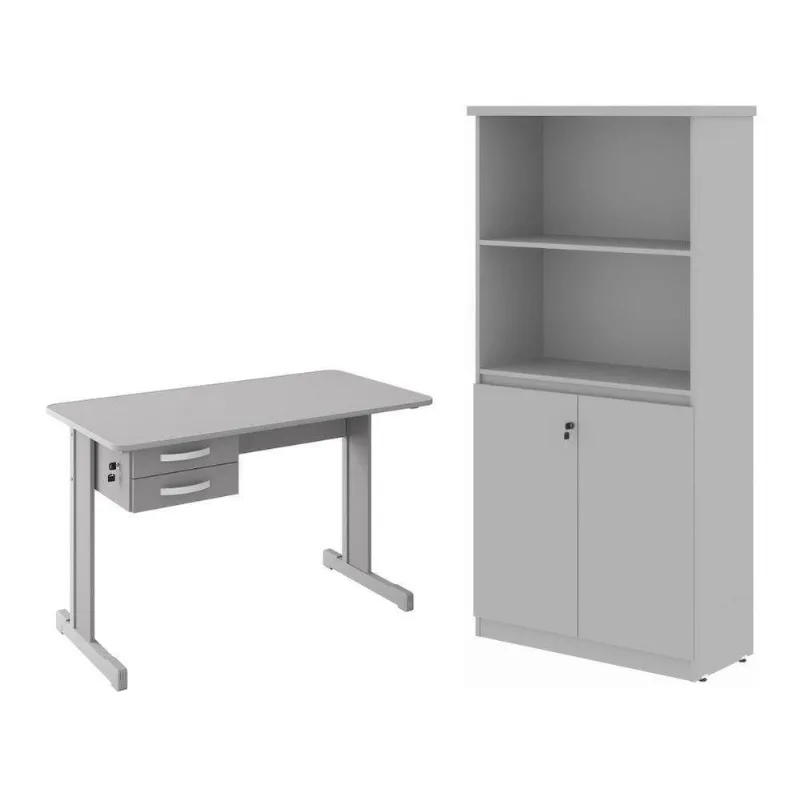 Escrivaninha e Armario para Escritorio Mesa 1,20 Georgia 2 Portas 2 Gavetas MDP 120CM Cinza Casah