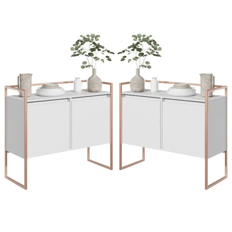 Conjunto Buffet e Aparador Renoir Industrial 2 Portas MDP Branco Plata Móveis