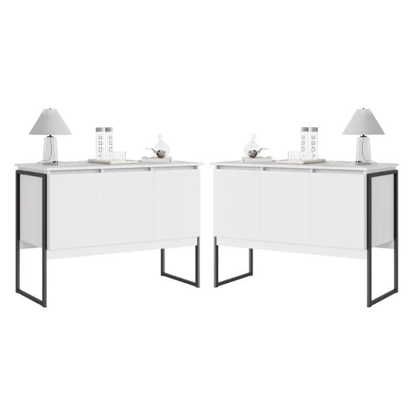 Buffet Conjunto Vila Serena 3 Portas MDP 120CM Branco Preto Casah