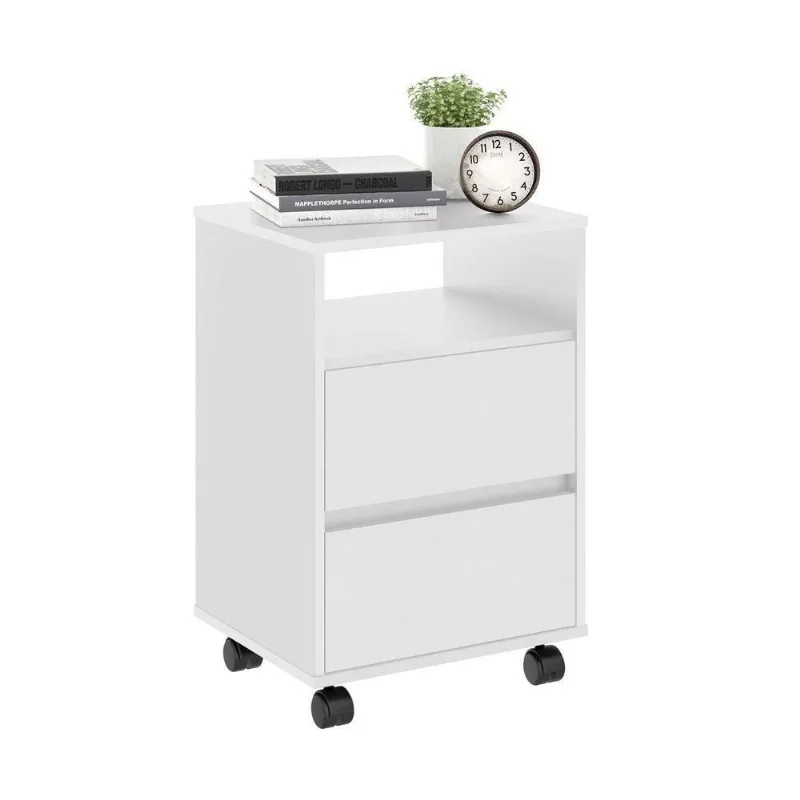 Mesa de Cabeceira Pluma 2 Gavetas Branco com Rodízios Plata Móveis