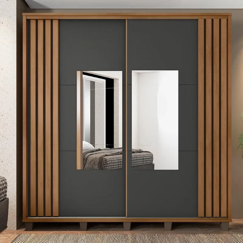Guarda Roupa Casal Bianca 2 Portas Correr 4 Gavetas MDF MDP Cinamomo Grafite RV Móveis