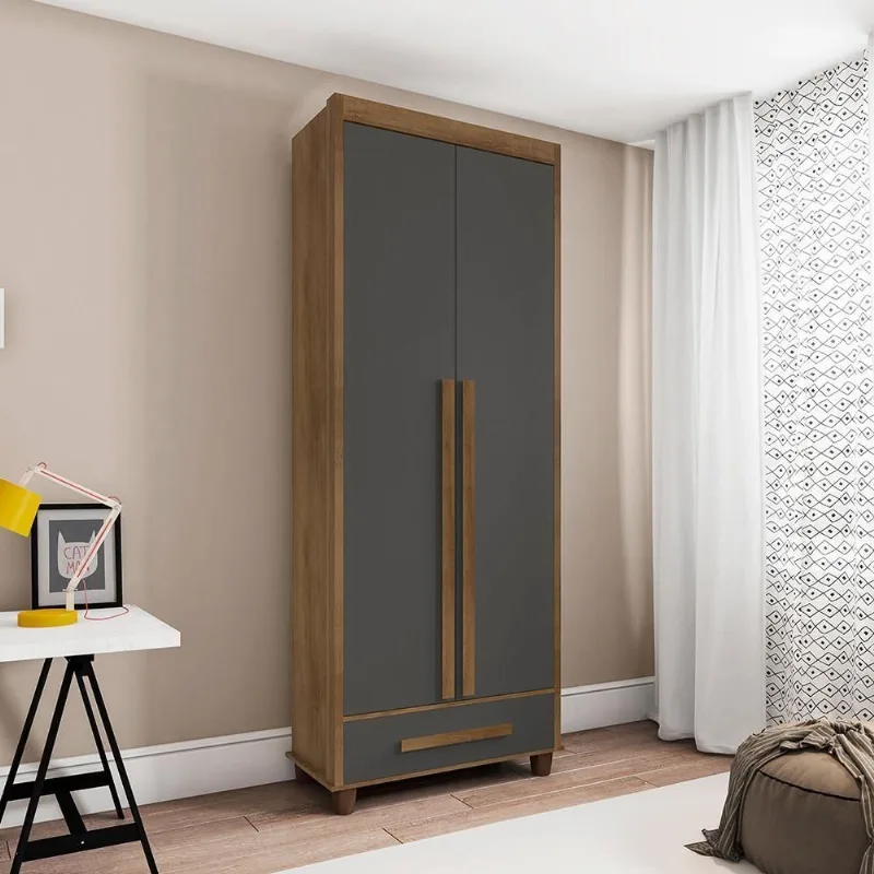 Guarda Roupa Solteiro Alba 2 Portas de Bater 1 Gaveta MDF-MDP Cinamomo Grafite RV Móveis
