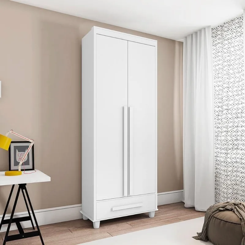Guarda Roupa Solteiro Zenit 2 Portas de Bater 1 Gaveta MDP MDF Branco RV Móveis