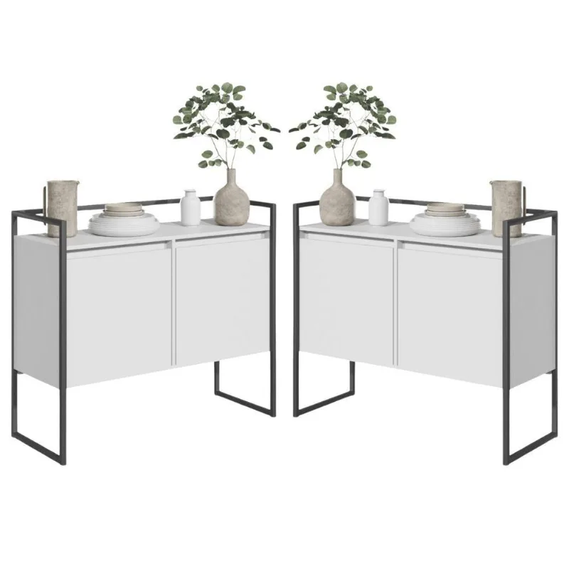 Conjunto Buffet e Aparador Noah Industrial 2 Portas MDP 100,9CM Branco Plata Móveis