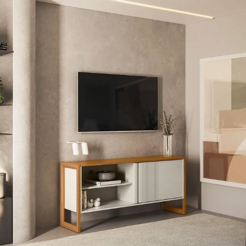 Rack Tv Gold 55" 141CM MDF e MDP com Nicho Nature Off White Mais de Casa