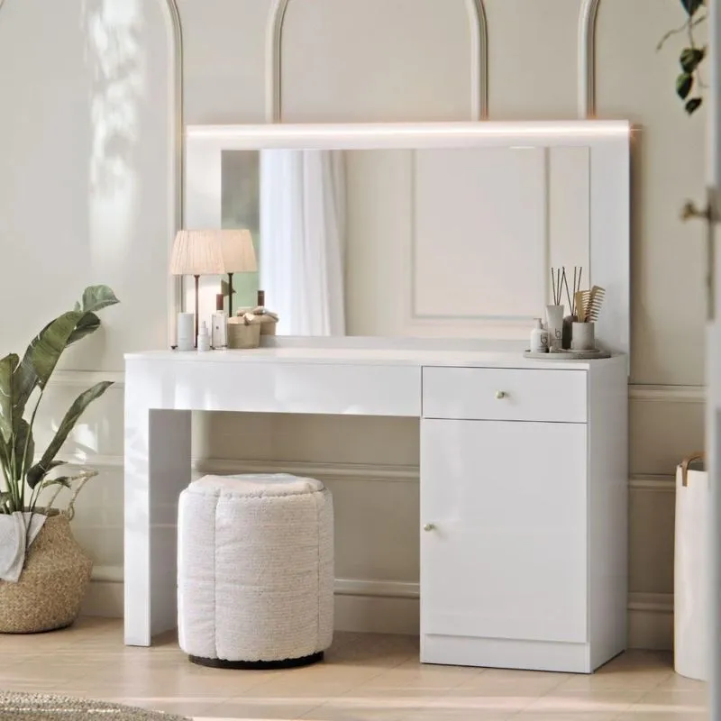 Mesa Camarim Nina 2 Gavetas Com Espelho Led Moderna Mdp Branco Casah 108cm