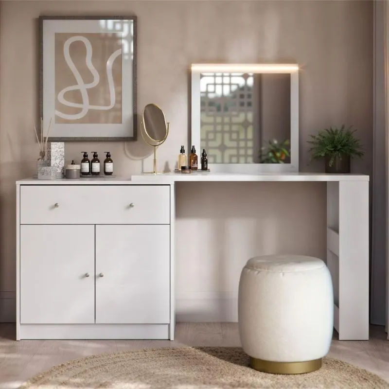 Mesa Camarim Aura 1 Gaveta Com Espelho Led Mdf Mdp Branco Fosco Casah 160cm
